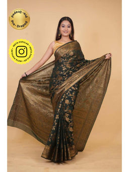 Isadora Life - Womens Woven Zari Green Pre-Draped Saree With Unstitched Blouse