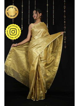 Isadora Life - Womens Woven Zari Yellow Pre-Draped Saree With Unstitched Blouse