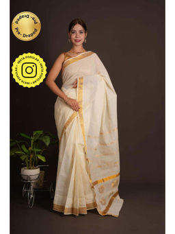 Isadora Life - Womens Woven Zari White Pre-Draped Saree With Unstitched Blouse