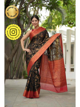 Isadora Life - Womens Floral Woven Green Pre-Draped Saree With Unstitched Blouse