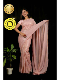 Isadora Life - Womens Embroidered Sequined Pink Pre-Draped Saree With Unstitched Blouse