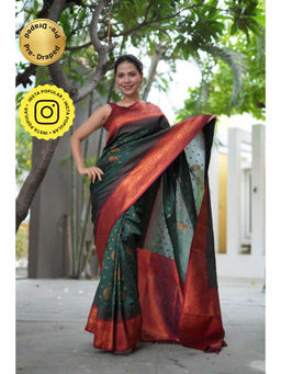 Isadora Life - Womens Woven Tassels Green Pre-Draped Saree With Unstitched Blouse
