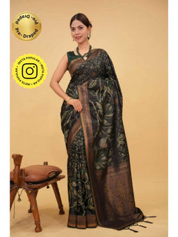 Isadora Life - Womens Printed Tassels Black Pre-Draped Saree With Unstitched Blouse