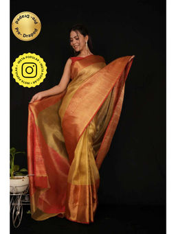 Isadora Life - Womens Solid Zari Gold Pre-Draped Saree With Unstitched Blouse