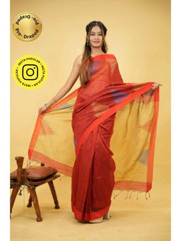 Isadora Life - Womens Woven Ikat Red Pre-Draped Saree With Unstitched Blouse