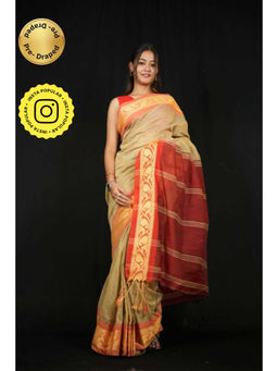 Isadora Life - Womens Woven Tassels Beige Pre-Draped Saree With Unstitched Blouse