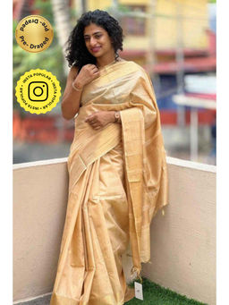 Isadora Life - Womens Woven Zari Beige Pre-Draped Saree With Unstitched Blouse