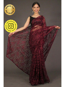 Isadora Life - Womens Sequined Lace Work Maroon Pre-Draped Saree With Unstitched Blouse