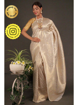 Isadora Life - Womens Woven Zari Ivory Pre-Draped Saree With Unstitched Blouse