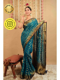 Isadora Life - Womens Woven Tassels Blue Pre-Draped Saree With Unstitched Blouse