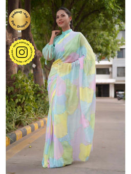 Isadora Life - Womens Printed Multi-Color Pre-Draped Saree With Unstitched Blouse