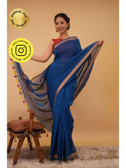 Isadora Life - Womens Woven Sequined Blue Pre-Draped Saree With Unstitched Blouse