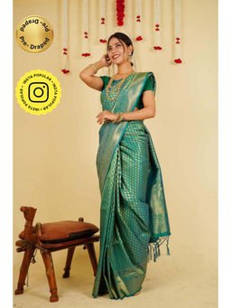 Isadora Life - Womens Woven Tassels Green Pre-Draped Saree With Unstitched Blouse