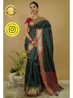 Isadora Life - Womens Printed Tassels Green Pre-Draped Saree With Unstitched Blouse