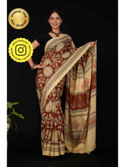 Isadora Life - Womens Block Print Maroon Pre-Draped Saree With Unstitched Blouse