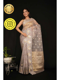 Isadora Life - Womens Woven Zari Beige Pre-Draped Saree With Unstitched Blouse