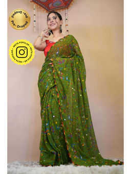 Isadora Life - Womens Printed Tassels Green Pre-Draped Saree With Unstitched Blouse