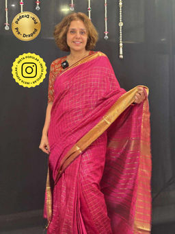 Isadora Life - Womens Checks Zari Pink Pre-Draped Saree With Unstitched Blouse