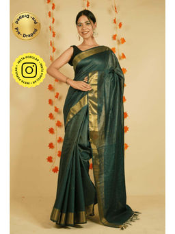 Isadora Life - Womens Stripes Zari Green Pre-Draped Saree With Unstitched Blouse