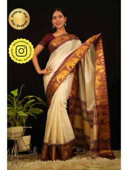 Isadora Life - Womens Checks Zari Ivory Pre-Draped Saree With Unstitched Blouse