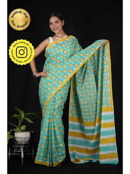 Isadora Life - Womens Printed Blue Pre-Draped Saree With Unstitched Blouse