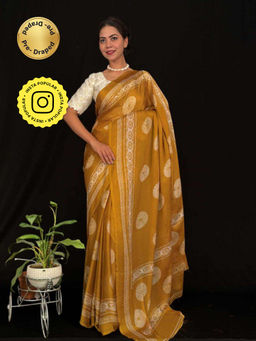 Isadora Life - Womens Block Print Mustard Pre-Draped Saree With Unstitched Blouse