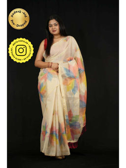 Isadora Life - Womens Printed Beige Pre-Draped Saree With Unstitched Blouse