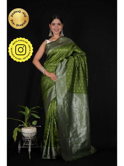 Isadora Life - Womens Woven Zari Green Pre-Draped Saree With Unstitched Blouse
