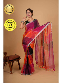 Isadora Life - Womens Woven Tassels Multi-Color Pre-Draped Saree With Unstitched Blouse