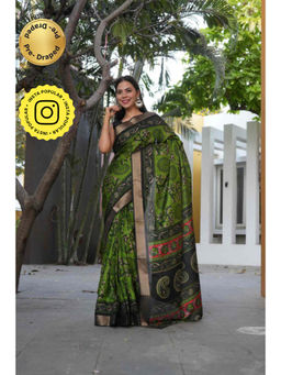 Isadora Life - Womens Printed Green Pre-Draped Saree With Unstitched Blouse