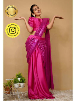 Isadora Life - Womens Sequined Pink Pre-Draped Saree With Unstitched Blouse And Belt