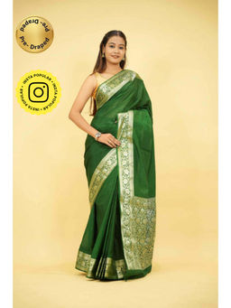 Isadora Life - Womens Woven Zari Green Pre-Draped Saree With Unstitched Blouse