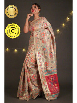 Isadora Life - Womens Printed Beige Pre-Draped Saree With Unstitched Blouse