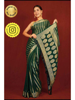 Isadora Life - Womens Woven Tassels Green Pre-Draped Saree With Unstitched Blouse