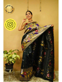 Isadora Life - Womens Floral Woven Green Pre-Draped Saree With Unstitched Blouse