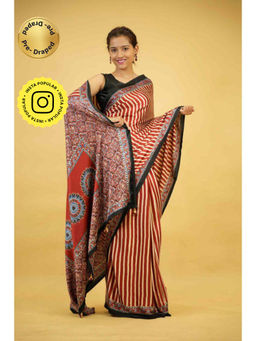 Isadora Life - Womens Printed Stripes Red Pre-Draped Saree With Unstitched Blouse