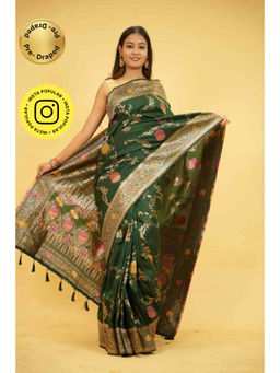 Isadora Life - Womens Floral Printed Green Pre-Draped Saree With Unstitched Blouse