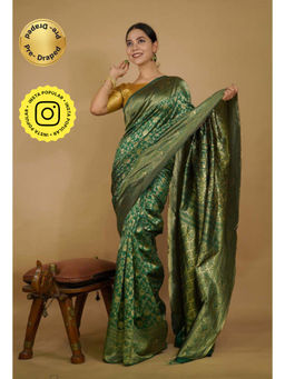 Isadora Life - Womens Woven Zari Green Pre-Draped Saree With Unstitched Blouse