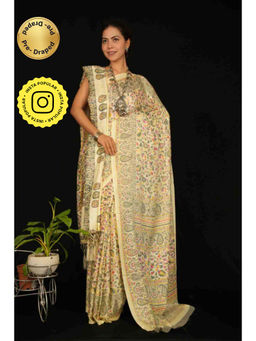 Isadora Life - Womens Floral Printed Cream Pre-Draped Saree With Unstitched Blouse