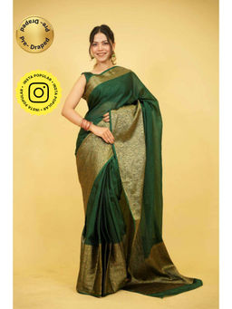 Isadora Life - Womens Paisley Zari Green Pre-Draped Saree With Unstitched Blouse
