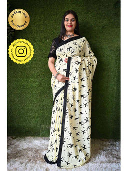 Isadora Life - Womens Printed Off White Pre-Draped Saree With Unstitched Blouse