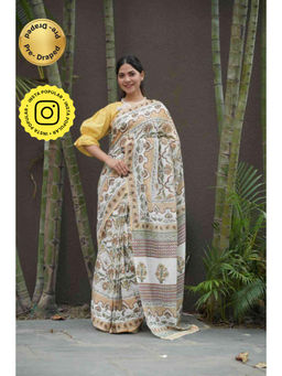 Isadora Life - Womens Floral Printed White Pre-Draped Saree With Unstitched Blouse