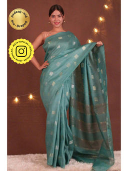 Isadora Life - Womens Woven Tassels Blue Pre-Draped Saree With Unstitched Blouse
