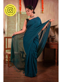 Isadora Life - Womens Colorblock Tassels Blue Pre-Draped Saree With Unstitched Blouse
