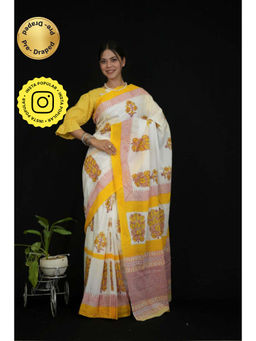 Isadora Life - Womens Floral Printed White Pre-Draped Saree With Unstitched Blouse