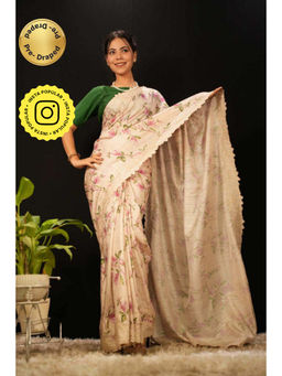 Isadora Life - Womens Floral Embroidered Beige Pre-Draped Saree With Unstitched Blouse