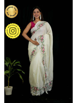 Isadora Life - Womens Floral Embroidered White Pre-Draped Saree With Unstitched Blouse