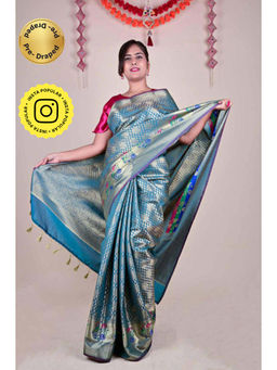 Isadora Life - Womens Woven Tassels Blue Pre-Draped Saree With Unstitched Blouse