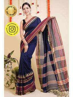 Isadora Life - Womens Woven Tassels Navy Blue Pre-Draped Saree With Unstitched Blouse