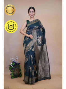 Isadora Life - Womens Woven Zari Blue Pre-Draped Saree With Unstitched Blouse